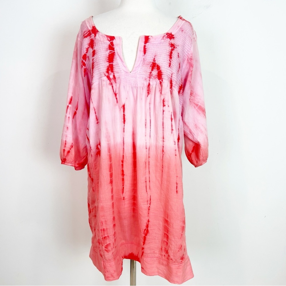 SEATON PINK TIE DYE 3/4 SLEEVE FLOWY BOHO COVER UP DRESS WOMENS SZ LARGE